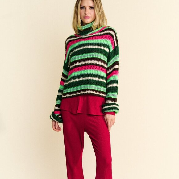 DAVI & DANI RETRO Colourful Striped Knit Turtleneck Sweater - Picture 2 of 10